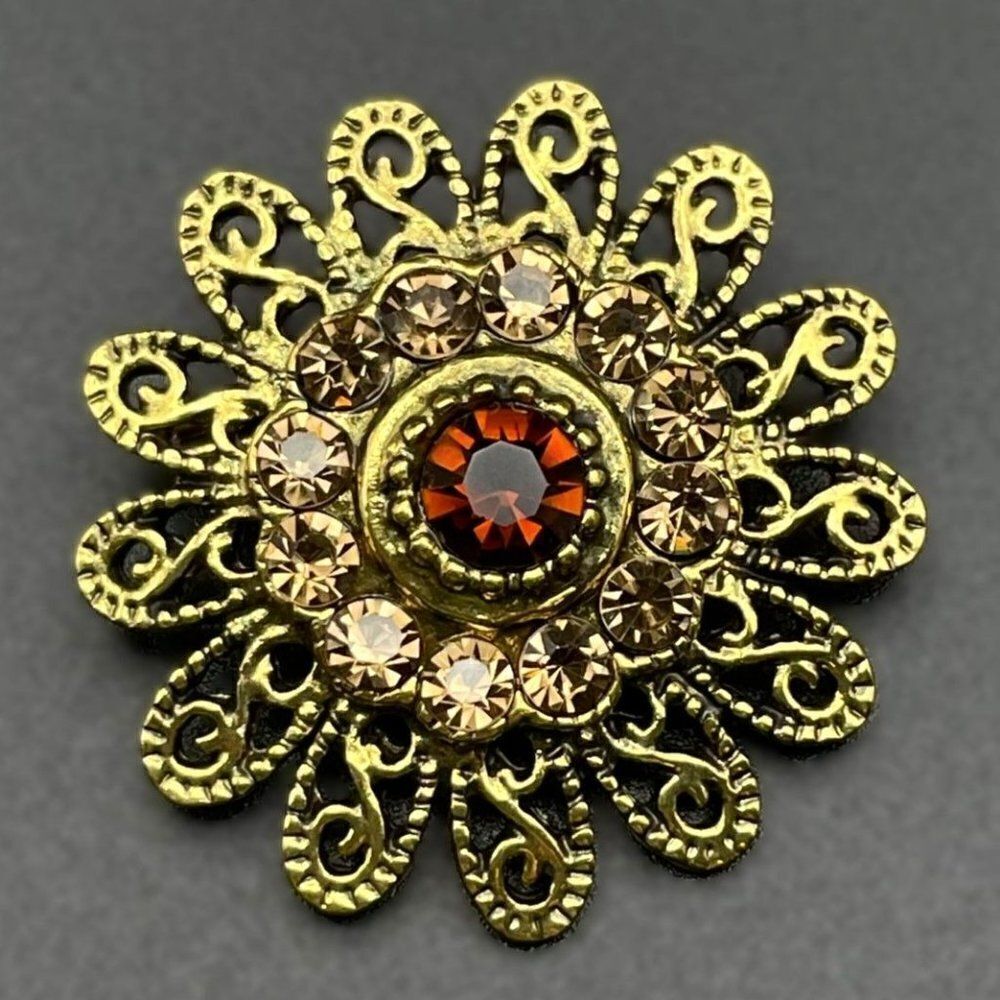 Yellow Gold with Champagne and Brown Topaz Crystal Ornate Flower Pin Back Brooch